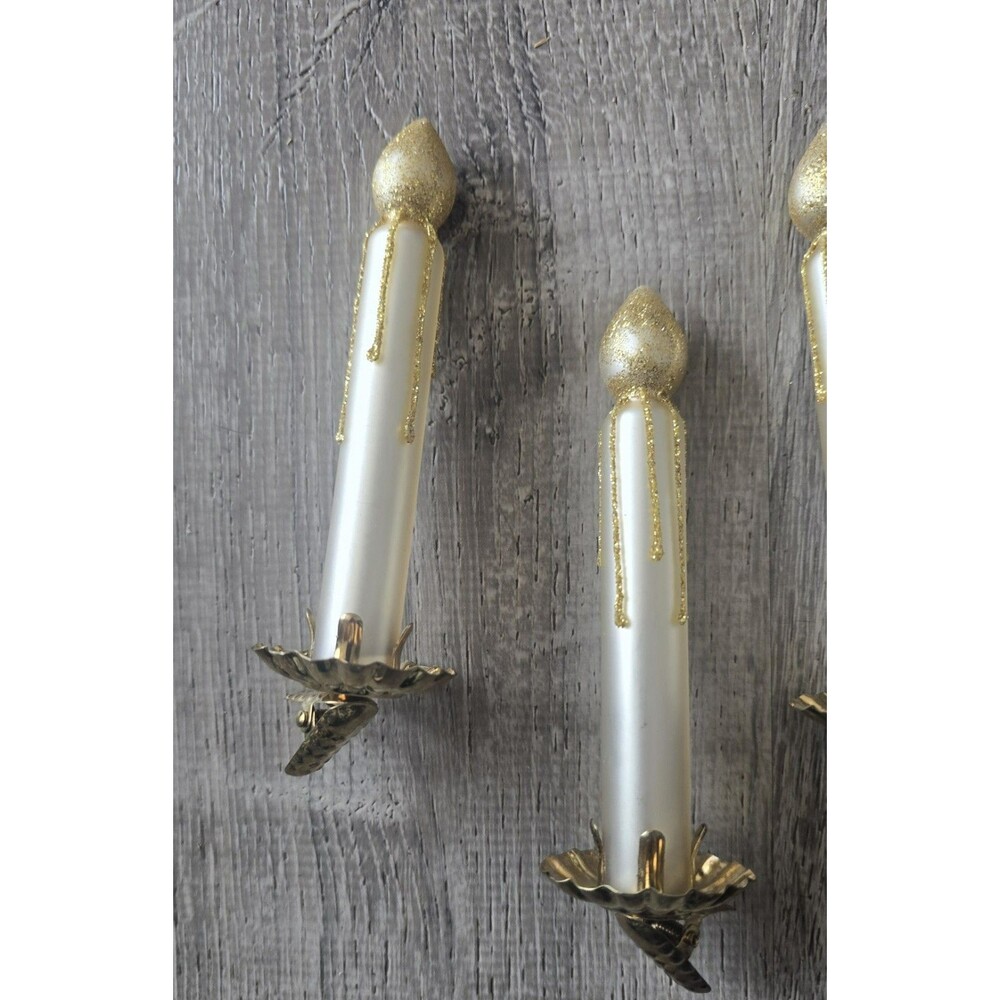 Vintage 4 Glass Candle Shape Clip On With Gold Glitter Christmas Ornaments - Picture 2 of 7